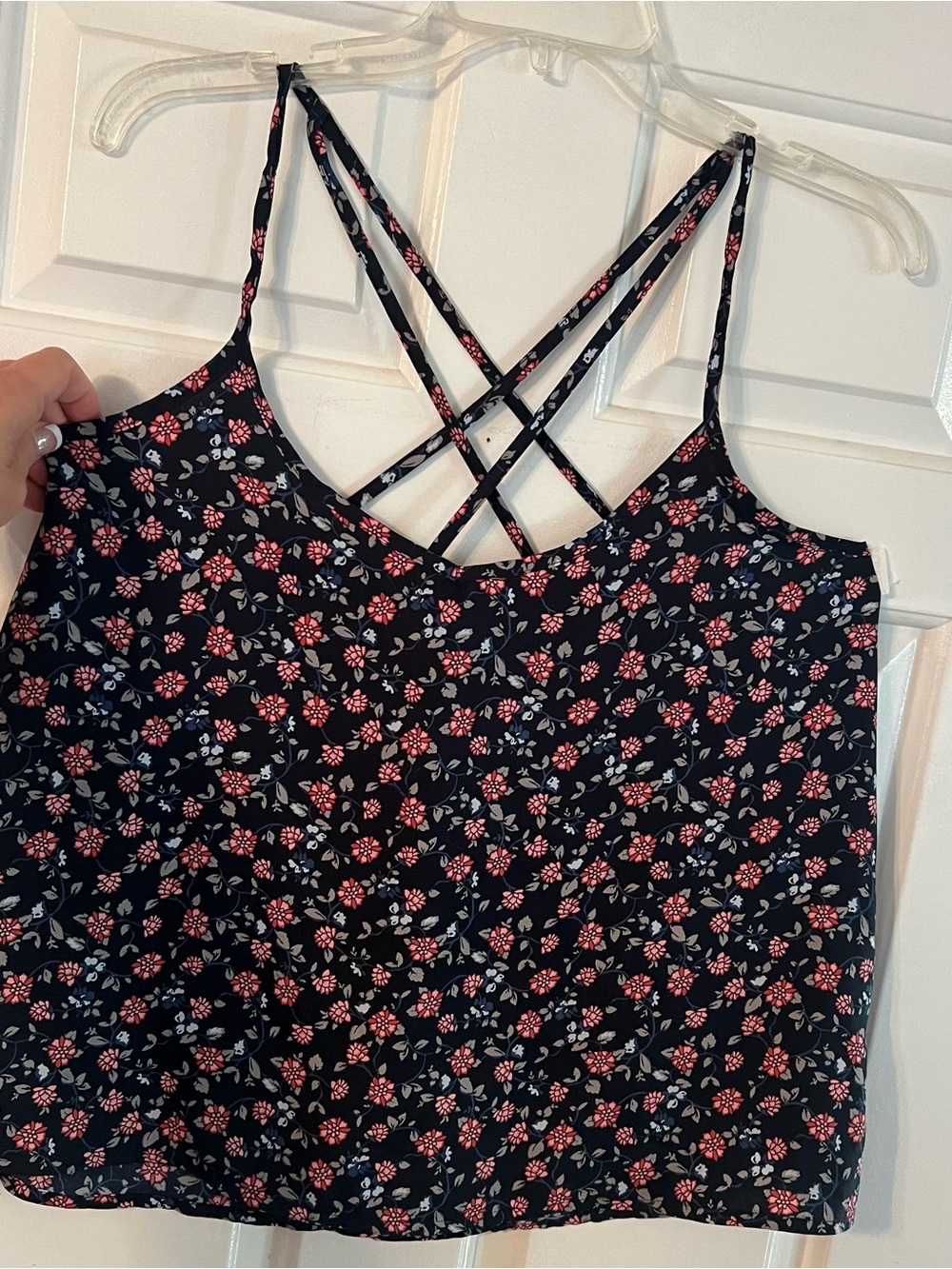Hollister Floral Crisscross Strappy Cami Top - Navy with Pink Flowers